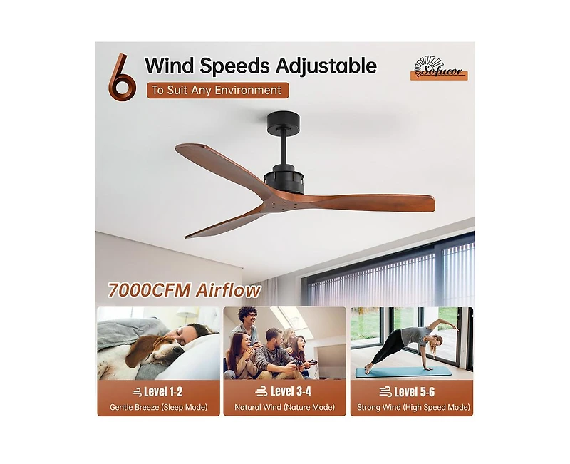 60-inch Modern Black 3-Blade Solid Wood Ceiling Fan Without Light With 6-Speed Remote Control and Forward Reverse Function For Indoor