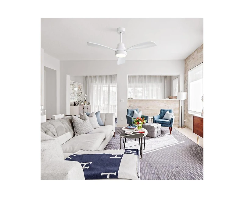 48-inch Modern White Downrod Indoor Walnut Wood 3-Blade Led Ceiling Fan Light with Remote Control Support Six Speed Ajustable