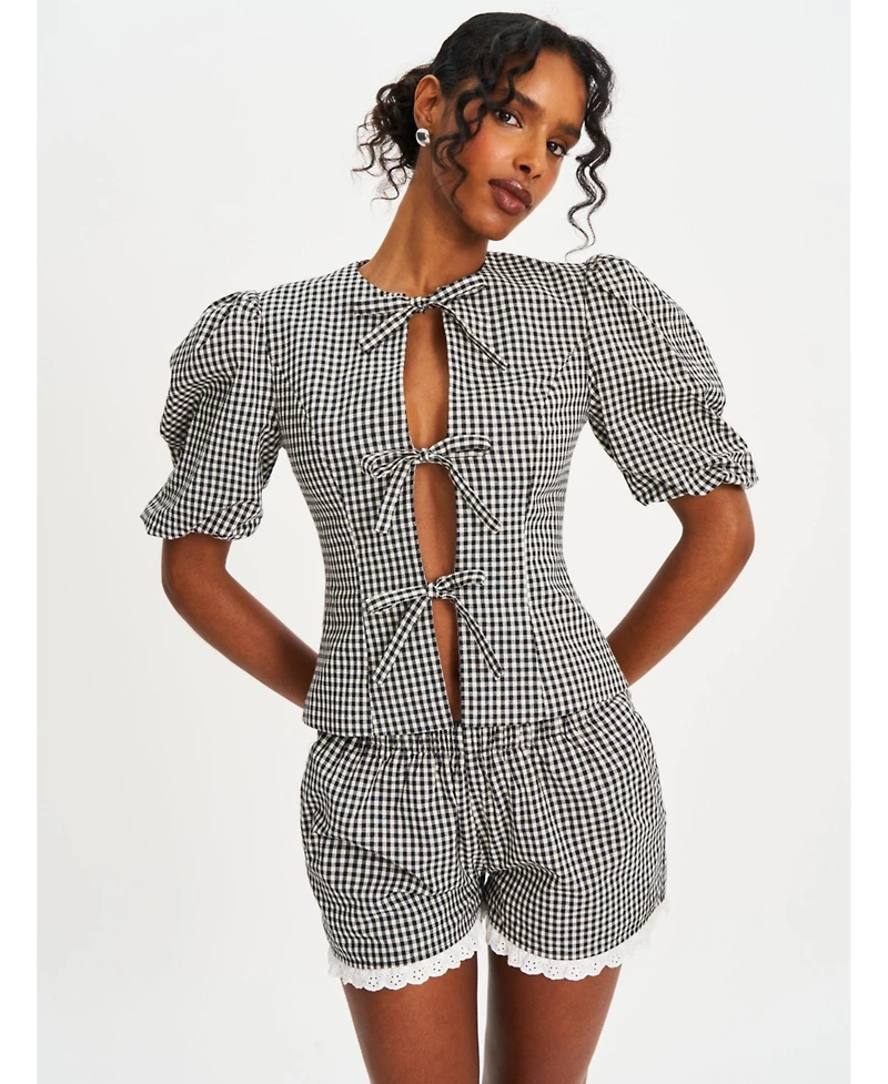 Miss Circle Women's Qusayla Black Gingham Bubble Sleeve Bowtie Top
