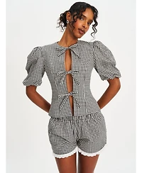 Miss Circle Women's Qusayla Black Gingham Bubble Sleeve Bowtie Top