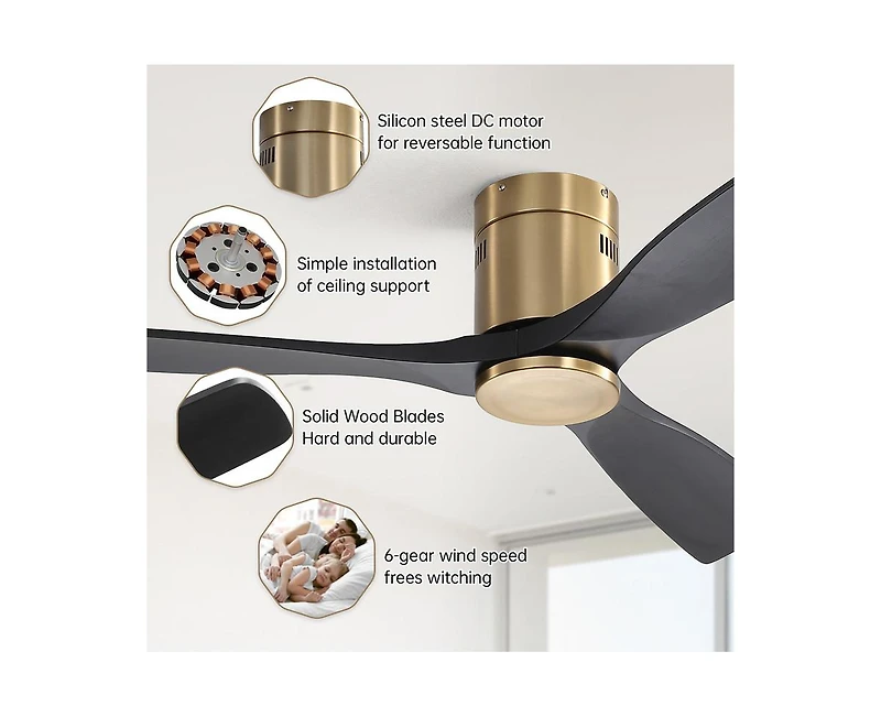 52-inch Modern Golden Sliver 3 Solid Wood Blade Ceiling Fan with 6-speed Remote Control and Forward Reverse Rotation Function for Indoor