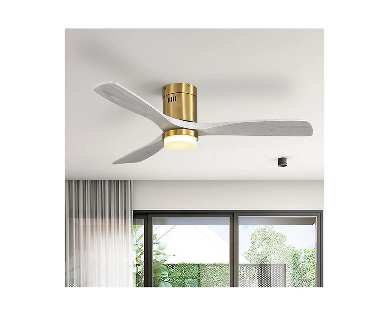 52-inch Modern Golden 3 Solid Wood Blades Flush Mount Tri color Adjustable Ceiling Fan Light with Remote Control