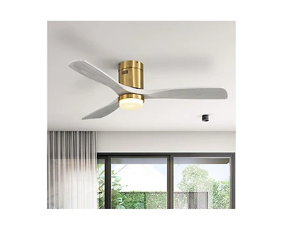 52-inch Modern Golden 3 Solid Wood Blades Flush Mount Tri color Adjustable Ceiling Fan Light with Remote Control