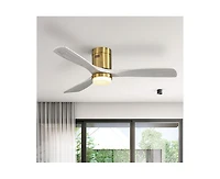 52-inch Modern Golden 3 Solid Wood Blades Flush Mount Tri color Adjustable Ceiling Fan Light with Remote Control