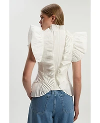 Karen Millen Women's Pleated Ruffle Sleeve Woven Top