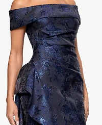 Xscape Petite Long Off-The-Shoulder Brocade Side Ruffle Gown