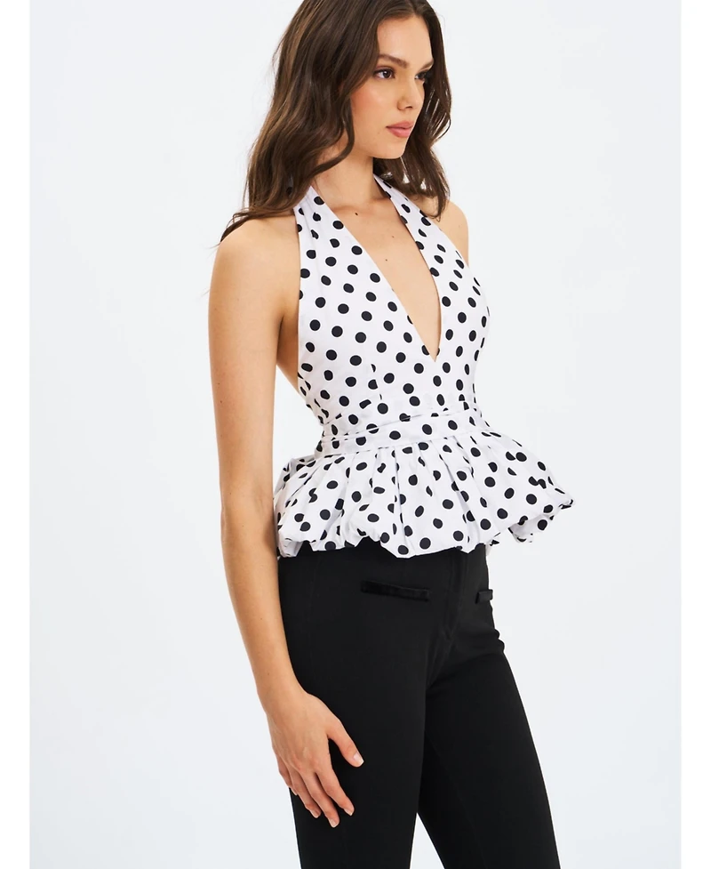 Miss Circle Women's Ilene White and Black Polka Dot Bubble Hem Halter Top
