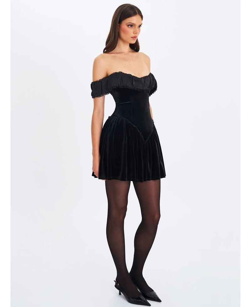 Miss Circle Women's Daisha Black Lace Trimmed Off-Shoulder Ruched Mini Dress