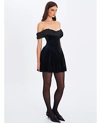 Miss Circle Women's Daisha Black Lace Trimmed Off-Shoulder Ruched Mini Dress