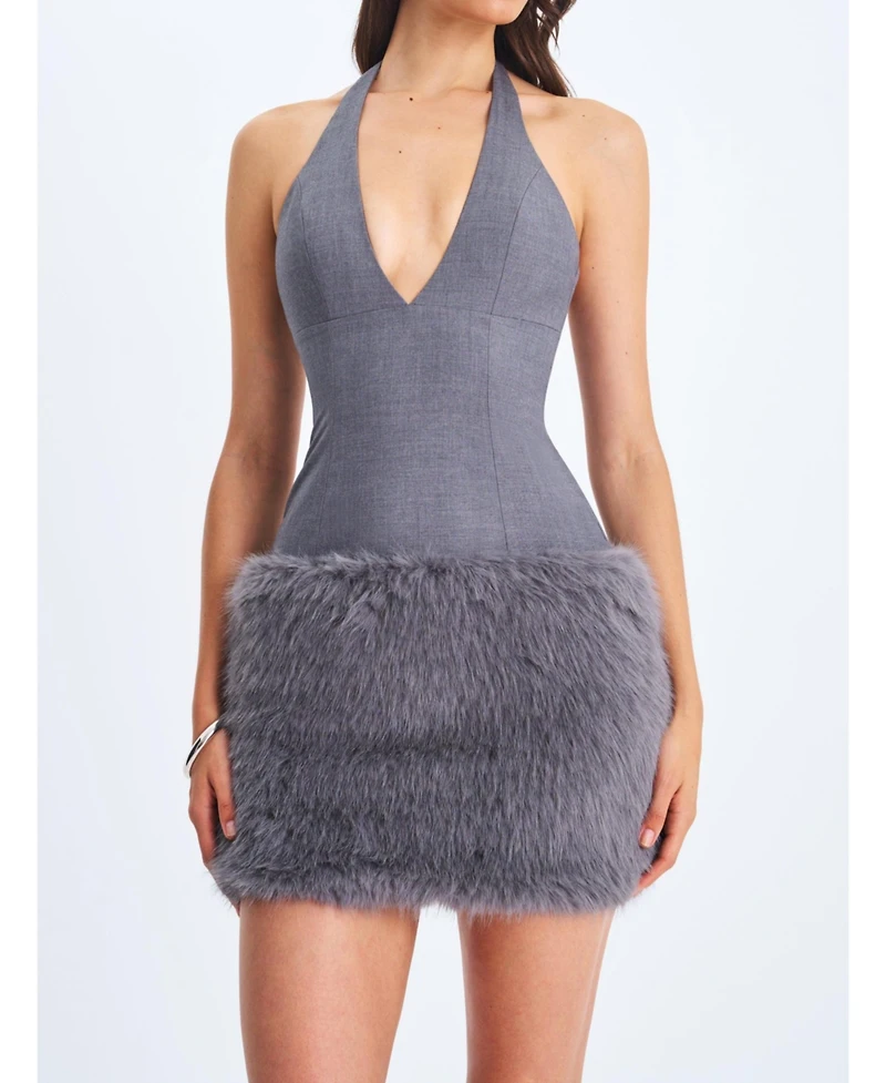 Miss Circle Women's Daisy Grey Drop Waist Fur Trim Halter Mini Dress