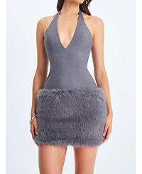 Miss Circle Women's Daisy Grey Drop Waist Fur Trim Halter Mini Dress