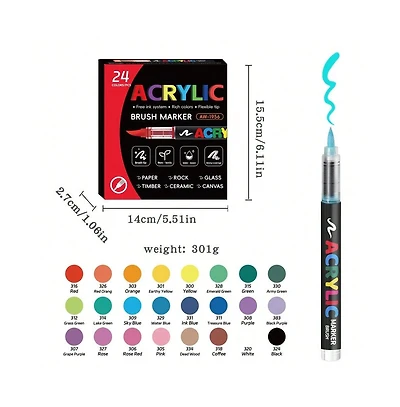 Htutwoo 24 Vivid Colors, Acrylic Paint Markers Brush Pens Fabric Rock Painting Pen Stone Ceramic Glass Making School Art Supplies Stationery