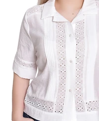 Ny Collection Women's Point Collar Short Sleeve Eyelet-Inset Top
