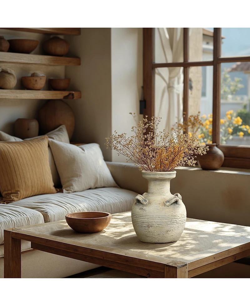 LuxenHome Rustic Off-White with Gray 10.2-Inch Tall Terracotta Urn Vase