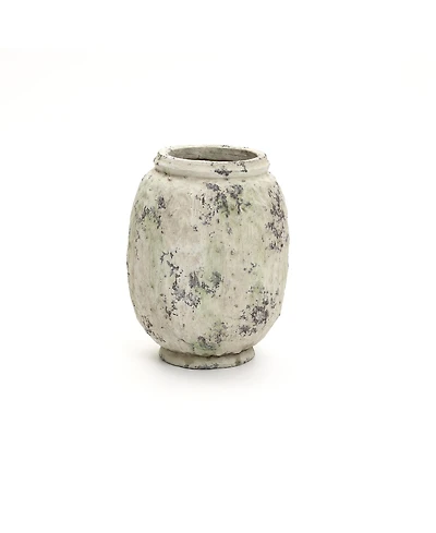 LuxenHome Antique Terracotta Vase, 10-Inch Tall Off-White Pot with Mossy Green Patina, Rustic Decor