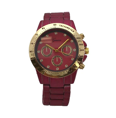 Fuchsia Solid Color Metal Three Dial Women Watch