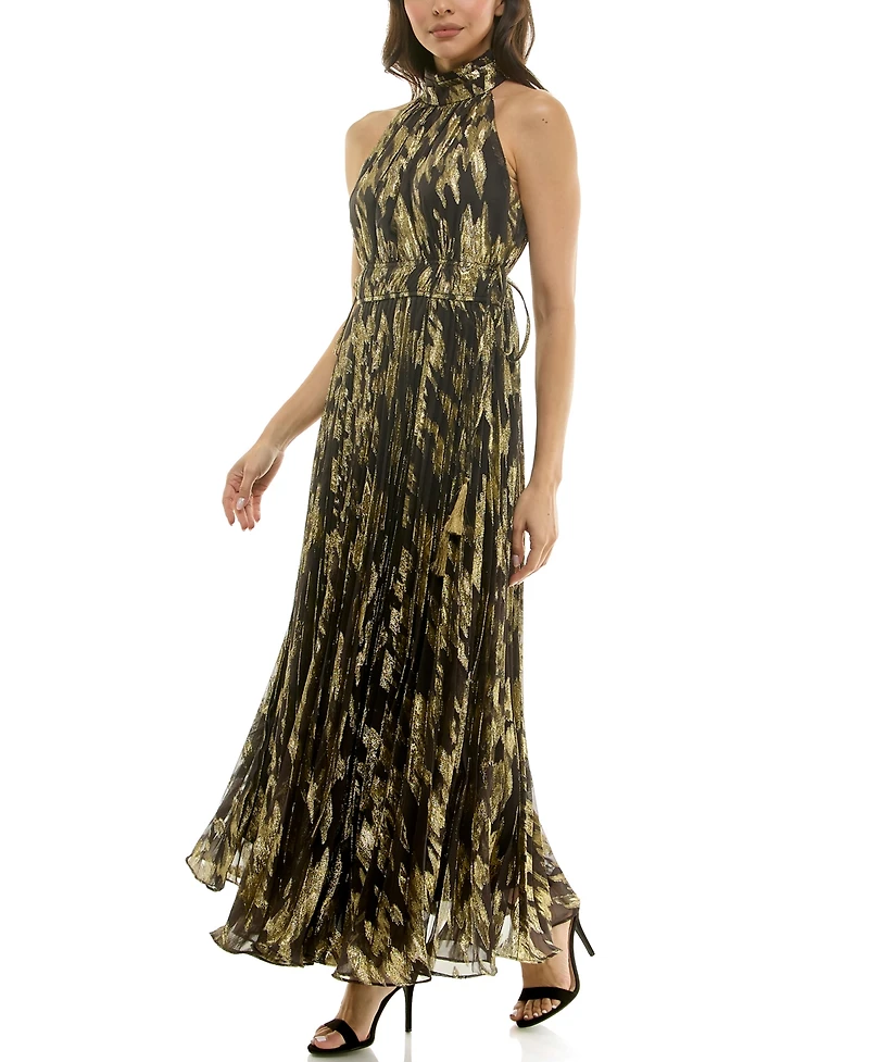Taylor Women's Sunburst Pleated Mock Neck Dress