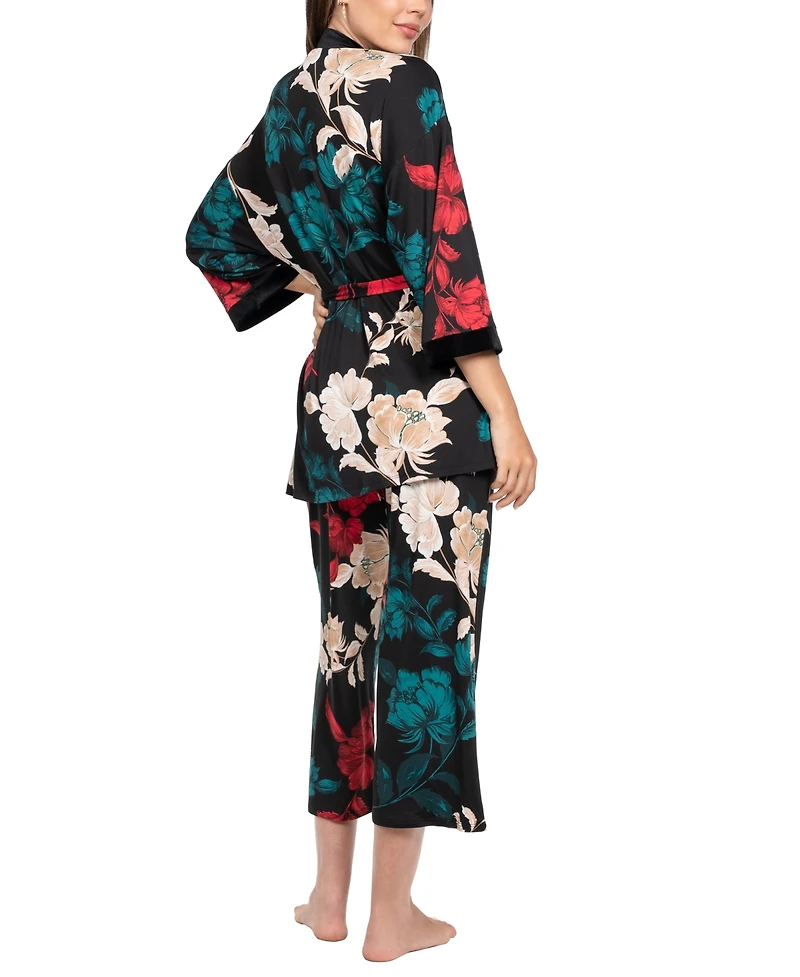 Linea Donatella Women's 3-Piece Sharifa Floral Top, Pants and Robe Pajama Set