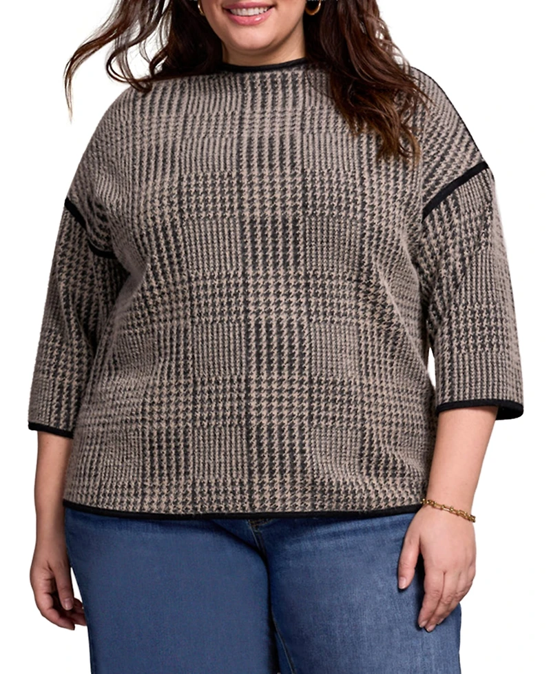 Tribal Plus Size 3/4 Sleeve Mock Neck Jacquard Plaid Top