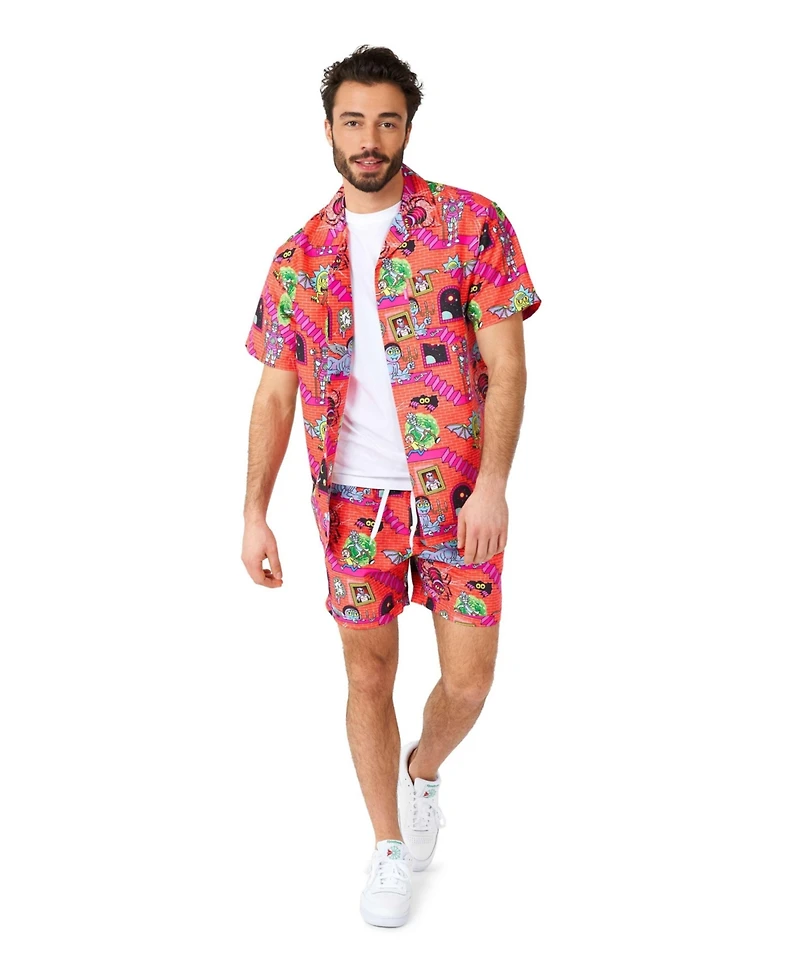 OppoSuits Men's Hawaiian 2 Piece Set - Rick & Morty Summer Beach Wear Slim Fit Includes Short Sleeve Shirt and Shorts