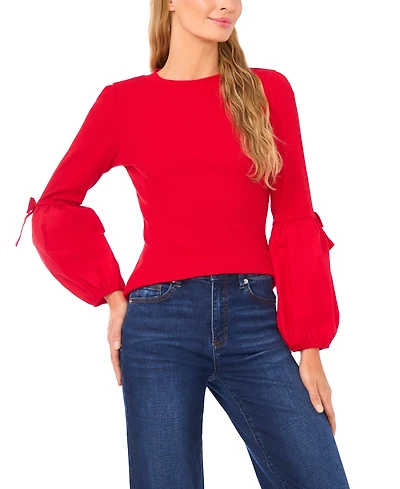 CeCe Women's Mix Media Rib Knit Balloon Long Sleeve Blouse