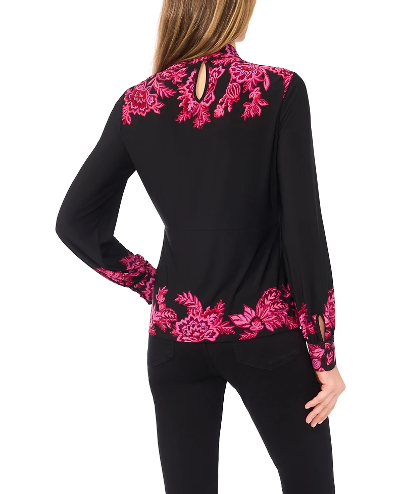 CeCe Women's Border Print Long Sleeve Mock Neck Top