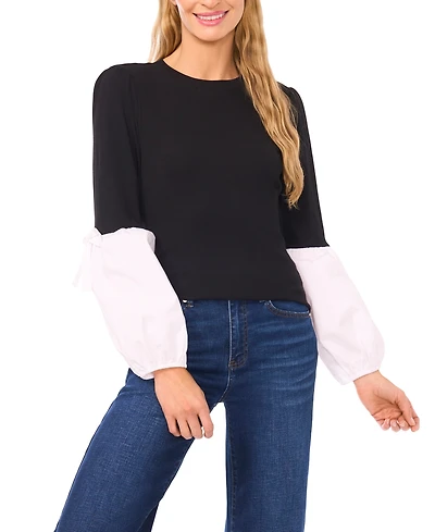 CeCe Women's Mix Media Rib Knit Balloon Long Sleeve Blouse