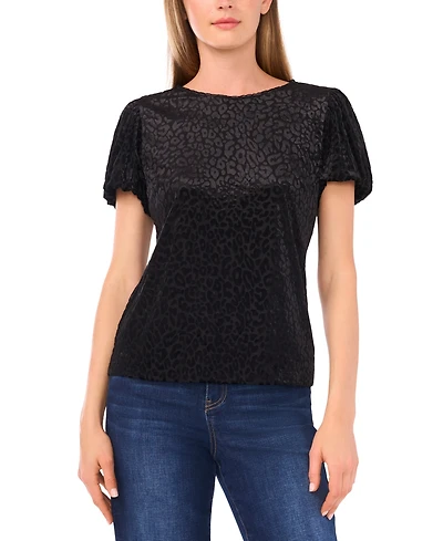 CeCe Women's Velvet Puff Short Sleeve Crewneck Blouse
