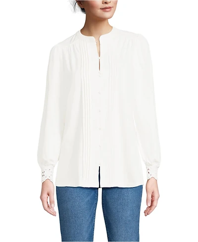 Lands' End Women's Lightweight Jersey Long Sleeve Button Front Pintuck Top