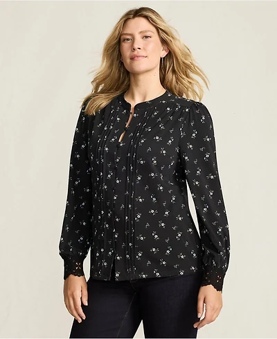 Lands' End Women's Lightweight Jersey Long Sleeve Button Front Pintuck Top