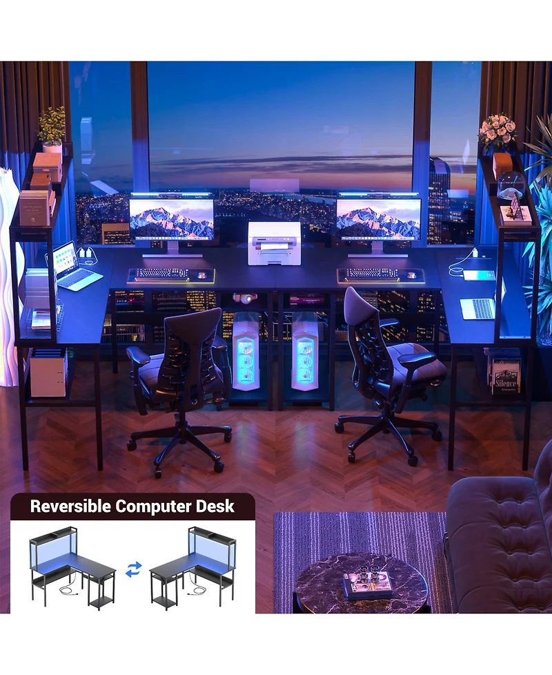 L Shaped Desk with Hutch, Led Lights, Reversible Corner Power Outlet