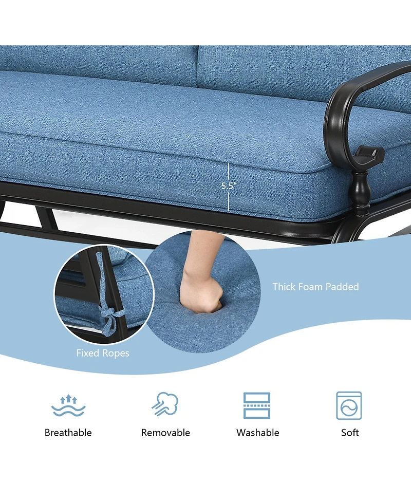Gymax Patio Swing Glider Chair Rocking Loveseat Bench for 2 Persons with Blue Cushions