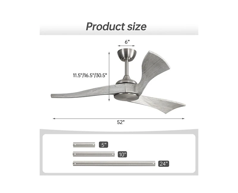 52-inch Modern Sand Nickel 3 Solid Wood Blade Ceiling Fan with Six Speed Remote Control and Forward Reverse Function