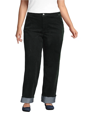 Lands' End Women's Flocked Denim Mid Rise Relaxed Straight Leg Cuff Jeans