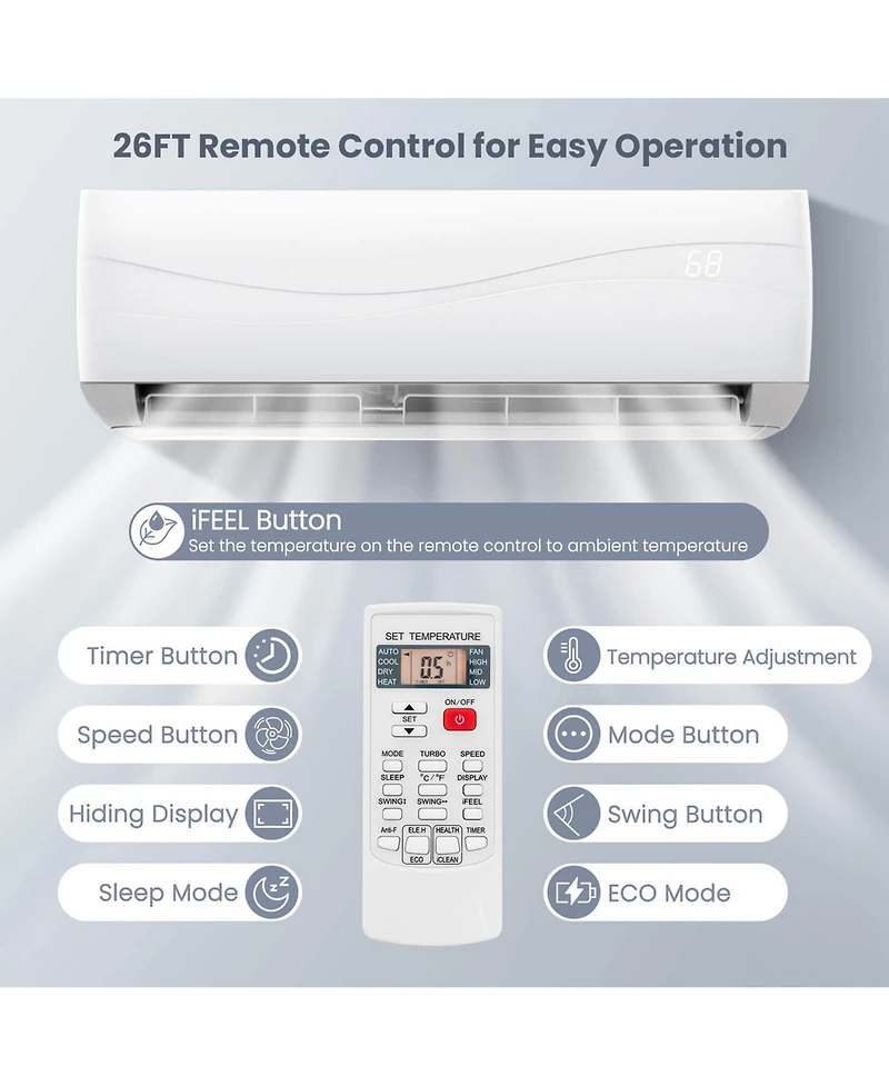 Gymax 9000 Mini Btu Split Air Conditioner & Heater Wall Mount Ac Unit w/ Remote Control
