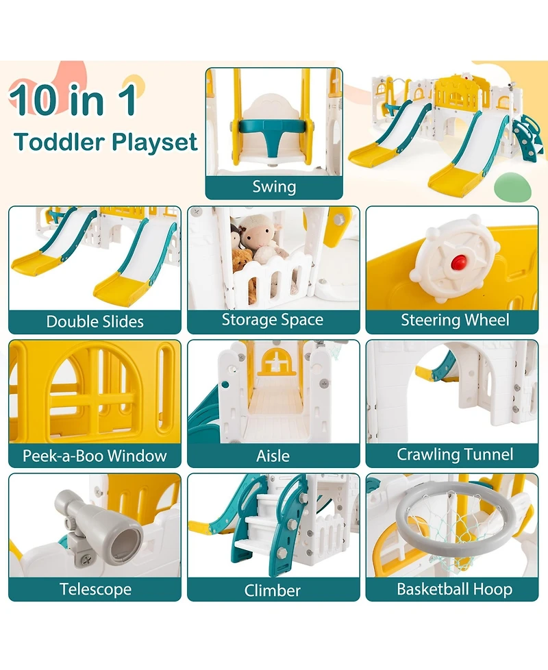 Sugift 10-in-1 Toddler Slide and Swing Set with Double Slides and Tunnel