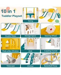 Sugift 10-in-1 Toddler Slide and Swing Set with Double Slides and Tunnel