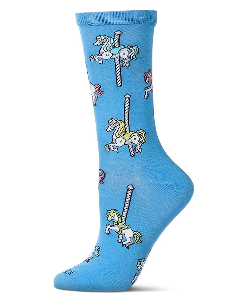 MeMoi Women's Carousel-Themed Rayon Blend Novelty Crew Sock