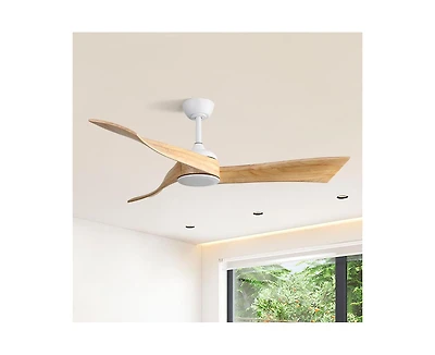 52-inch Modern White 3 Solid Wood Blade Ceiling Fan with Six Speed Remote Control and Forward Reverse Function for Bedrooms Living Rooms and Kitchens