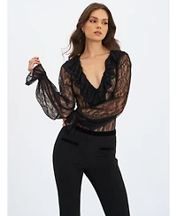 Miss Circle Women's Taliah Black Sheer Lace Ruffled Collar Bodysuit