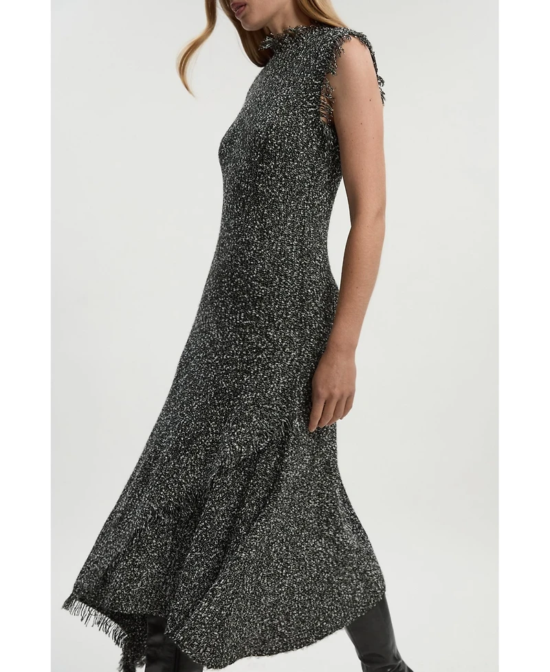 Karen Millen Women's Tweed Yarn Fringe Trim Knitted Dress