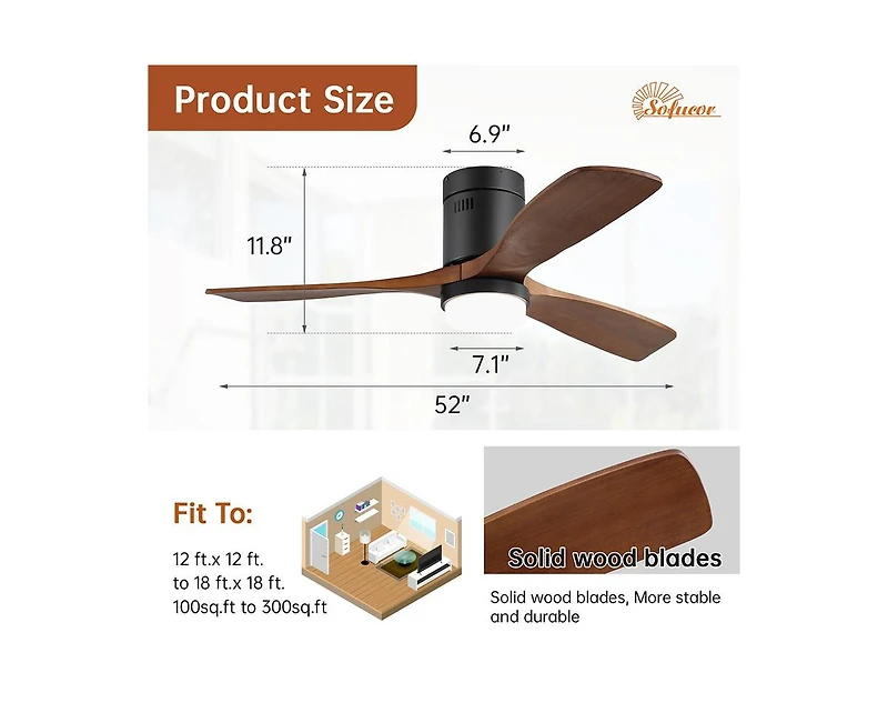 52-inch Modern Black 3 Solid Wood Blades Flush Mount Tri color Adjustable Ceiling Fan Light with Remote Control