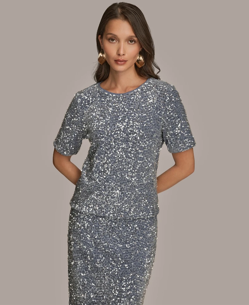 Donna Karan New York Women's Embellished Sequin Short Sleeve Crewneck Top