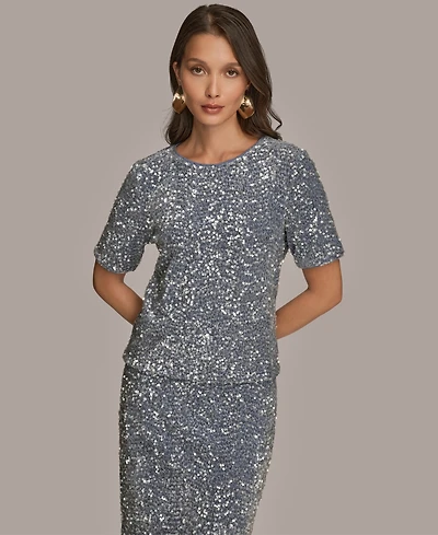 Donna Karan New York Women's Embellished Sequin Short Sleeve Crewneck Top