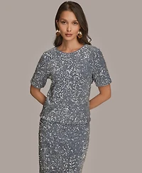 Donna Karan New York Women's Embellished Sequin Short Sleeve Crewneck Top