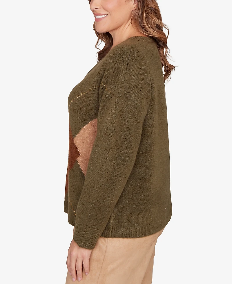 Hearts Of Palm Plus Size Argyle Long Sleeve V-Neck Sweater