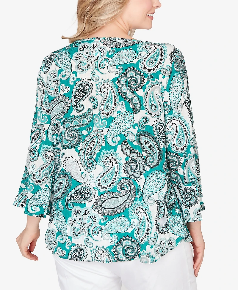 Hearts Of Palm Plus Printed Woven Crinkle 3/4 Sleeve Top