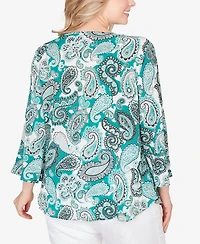 Hearts Of Palm Plus Printed Woven Crinkle 3/4 Sleeve Top