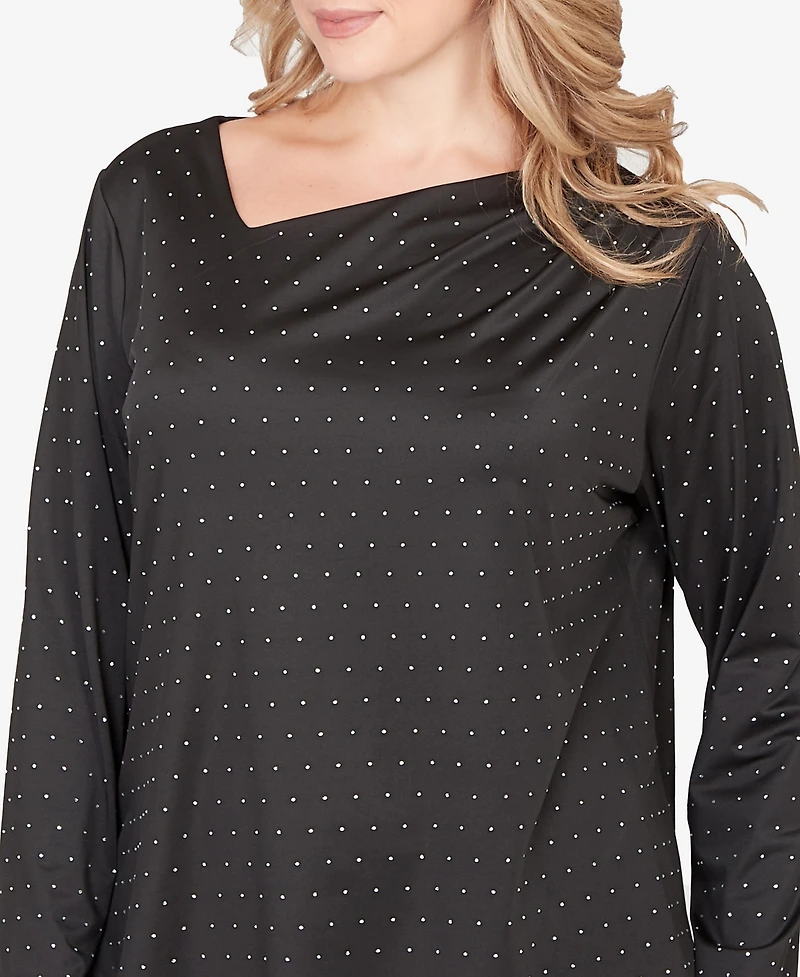 Hearts Of Palm Plus Long Sleeve Asymmetrical Neck Top with Rhinestones