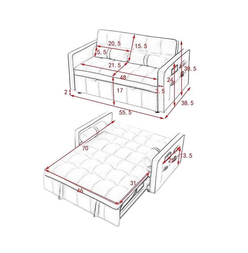 55.5" Pull-Out Sleeper Sofa Bed with Usb Ports & Adjustable Backrest, 2-Seater Convertible Couch Pillows for Small Spaces-Maison Boucle